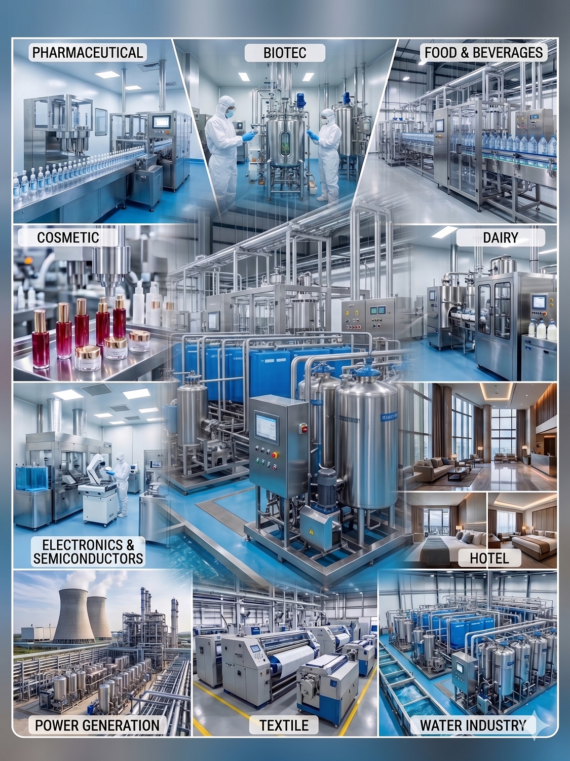 Food, Beverage (Mineral Water Plant), Cosmetic, Dairy, Biotech; Pharmaceuticals, Hotel, Power Generation, Textiles, Chemicals and Various other industries.